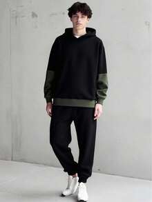 SHEIN 青少年男孩连帽运动衫和运动裤套装，黑色修身款，休闲学院风，舒适时尚，百搭，面料柔软，适合日常穿着、上学、郊游、户外活动、秋冬、返校 - 彩色 - 查看 5