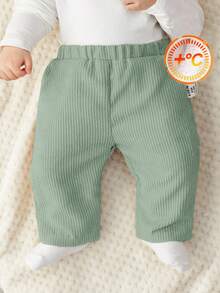 SHEIN Newborn Baby Soft Corduroy Fabric All-Match Versatile Sage Green Slant Pocket Loose Straight Leg Pants, Fashionable & Minimalist, Suitable For Home & Outdoor
