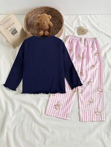 少女海军蓝罗纹熊印花蝴蝶结装饰长袖上衣和罗纹裤睡衣套装 - 彩色 - 查看 2