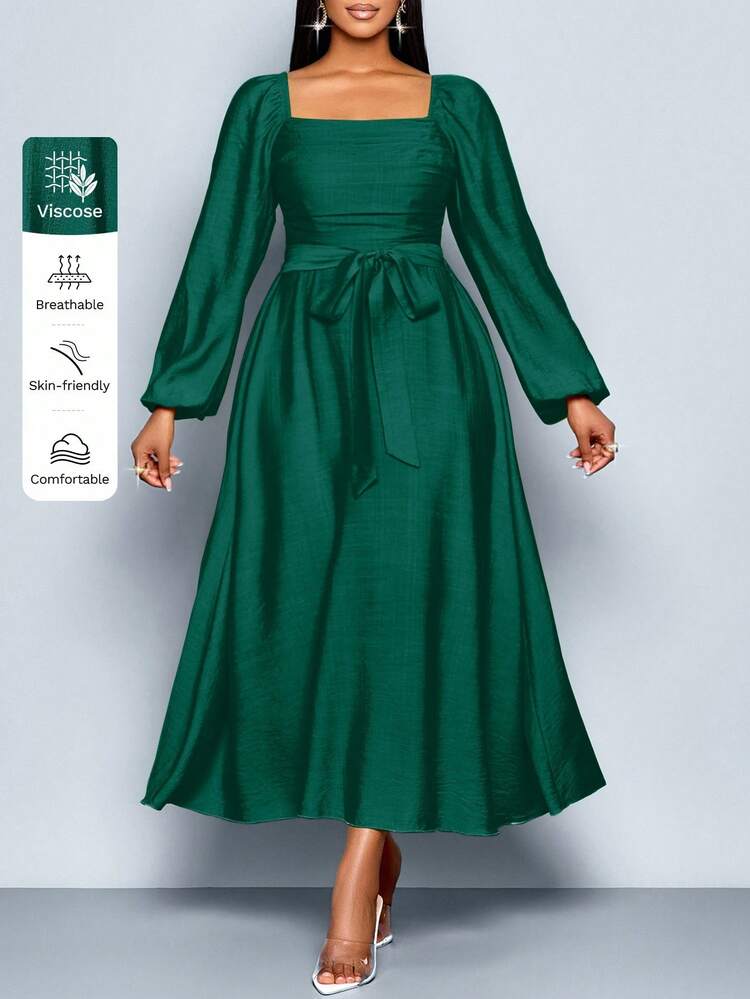 SOLERSUN Women Summer Plus Size Fall Winter Elegant Dark Green Square Neck Long Sleeve Ruched A-Line Dress,Frenchy Wedding Date Casual Commuting Dress - 墨綠色 - 查看 2