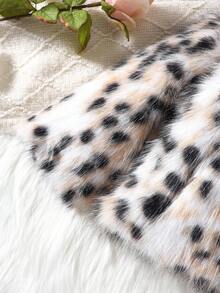 Elladie kids Young Girl Faux Fur Leopard Print Lapel Long Sleeve Loose Coat Fall Winter - Beige - View 7