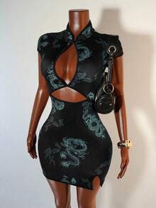 Mistrie Váy sườn xám giả cổ vuông khoét sâu gợi cảm cho nữ - Màu xanh bạc hà - Xem 4