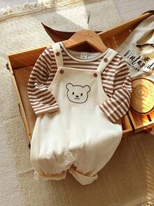 Vintaside Kids 2pcs/Set Casual Comfortable Striped Long Sleeve Top And Bib Overall With Bear Embroidery Jumpsuit For Toddler Boys Fall Winter