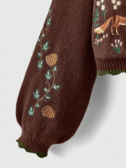 Fairycore Cardigan en tricot casual à manches longues avec épaules tombantes et col en V, avec broderie de renard. Automne/Hiver