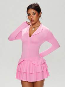 Dewbera Dewbera Women's Zipper Design Long Sleeve Cake Hem Sports Dress - Pink - View 7