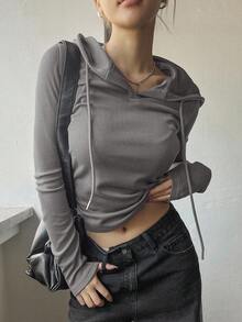 Dazy Star Women's Solid Color Drawstring Hooded Long Sleeve T-Shirt,Fall Clothes - Light Grey - View 1