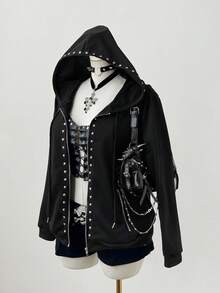 Sunspun Áo khoác nỉ dài tay có mũ trùm đầu phong cách Punk tối màu thời trang cỡ lớn đính đinh tán - màu đen - Xem 7