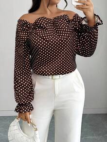 Elenzga Off Shoulder Ruffle Sleeve Floral Decor Polka Dot Print Blouse - Coffee Brown - View 4
