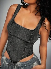 Radiana Áo ba lỗ denim thường ngày dành cho nữ màu đen có dây đai rộng và dây kéo sau lưng - màu đen - Xem 1