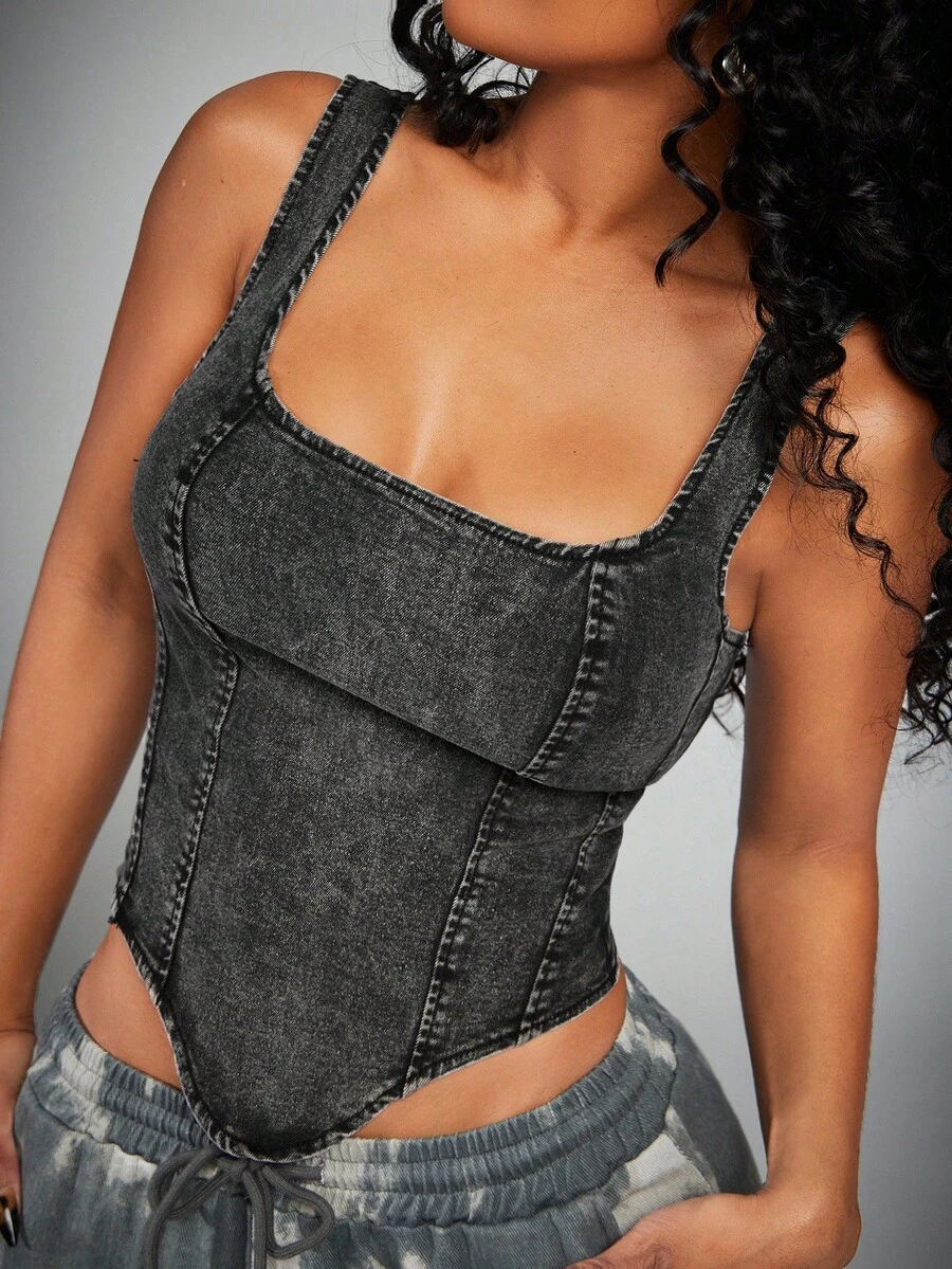 Radiana Áo ba lỗ denim thường ngày dành cho nữ màu đen có dây đai rộng và dây kéo sau lưng - màu đen - Xem 1