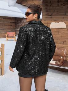 SHEIN EZwear 聖誕大尺碼亮片拼接前扣裝飾奢華長袖西裝外套 秋冬款 - 黑色 - 查看 2