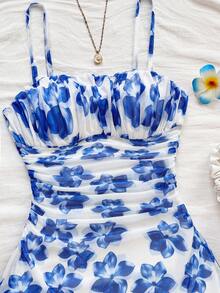 Soleia Váy ngắn hai dây họa tiết hoa màu hồng xếp ly xuân/hè mới, đi biển, phong cách miền Tây, lễ hội, trang phục mùa hè, phong cách Bohemian - Xanh và trắng - Xem 4