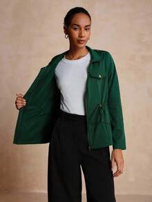 EMERY ROSE Women's Solid Color Zip-Up Fitted Jacket - Dark Green - View 7