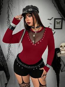 Whyspr 全新性感镂空面料拼布设计圆领长袖 T 恤，修身显瘦，适合女士 - 酒紅色 - 查看 4