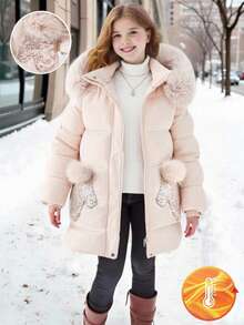 SHEIN 1 件中长款连帽棉衣，带毛领、口袋和亮片装饰，拉链开合，时尚冬季外套 - 米色 - 查看 7