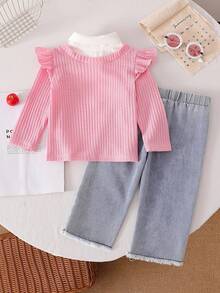 SHEIN Vintaside Kids 2pcs/Set Baby Girls Casual Cute Waffle Shirt Top With Cherry & Fruit Embroidery And Denim Pants Set, Autumn/Winter - Pink - View 2