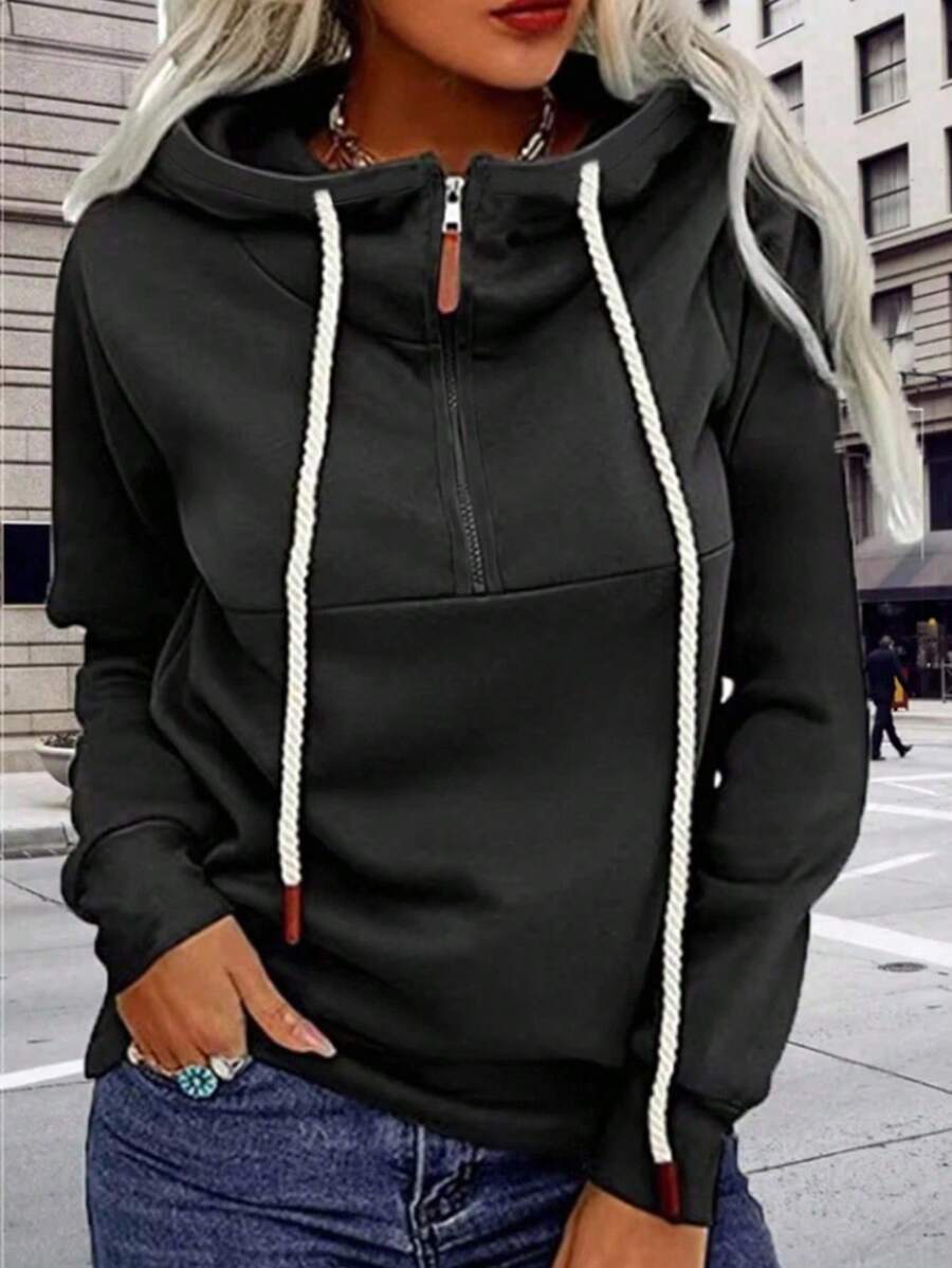 INAWLY Sudadera con capucha casual con cremallera y cuello dividido, talla grande, para mujeres, para graduación, maestros, de vuelta a la escuela, otoño e invierno - Negro - Ver 1