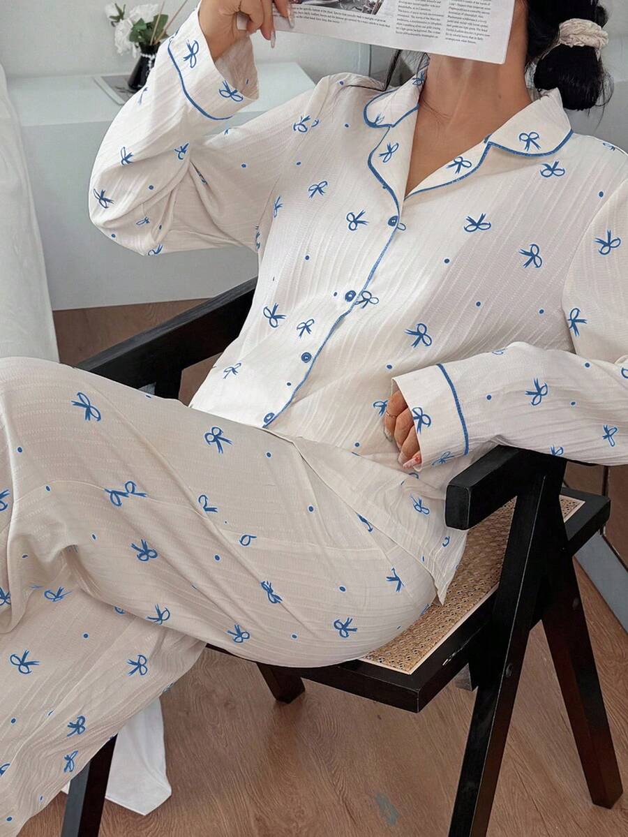 Dream Adore Bow Print Lapel Long Sleeve Pajama Set, Fall Clothes - Blue - View 1