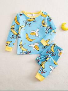 2pcs Baby Boy Knit Crew Neck Long Sleeve Top And Pants Set, Banana Sunglasses Skateboard Graphic Print, Tight Fit Casual Outfit - Multicolor - View 3