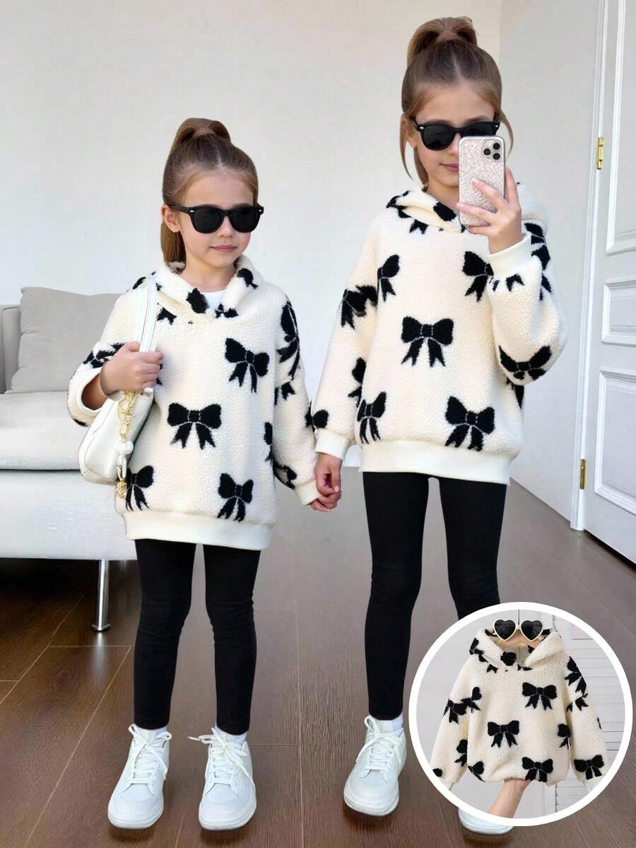 SHEIN 女童可爱撞色蝴蝶结图案泰迪熊卫衣，秋冬季卫衣，适合休闲日常穿着及秋冬季上学穿着。 - 杏色 - 查看 1