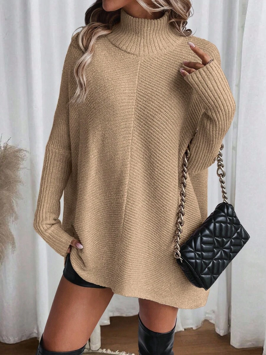 LanaWest Damen Lässiger einfarbiger Rollkragen Fledermaus Langarm Loose Pullover, Herbst/Winter - Khaki - Übersicht 1