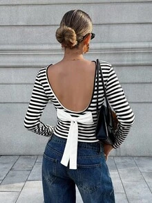 Chiquease Sexy Backless Striped Long Sleeve T-Shirt For Women, With 3D Floral Decor, Slim Fit, Personalized Chic Top, Layering Undershirt Fall Cloth For Women - Black - View 2