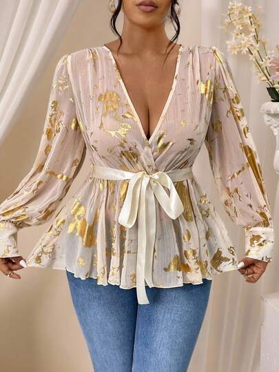 DreamSkyne Plus Size Long Sleeve Allover Print Button Down Shirt With Tie, Casual Beach Wear Peplum Top