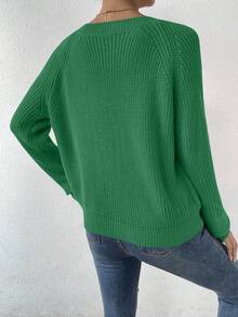 SHEIN LUNE 女式纯色V领休闲百搭长袖毛衣 - 橄欖綠 - 查看 2
