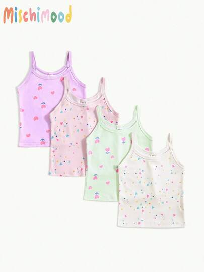 4件套女童可爱花卉、心形和星星印花吊带背心内衣套装