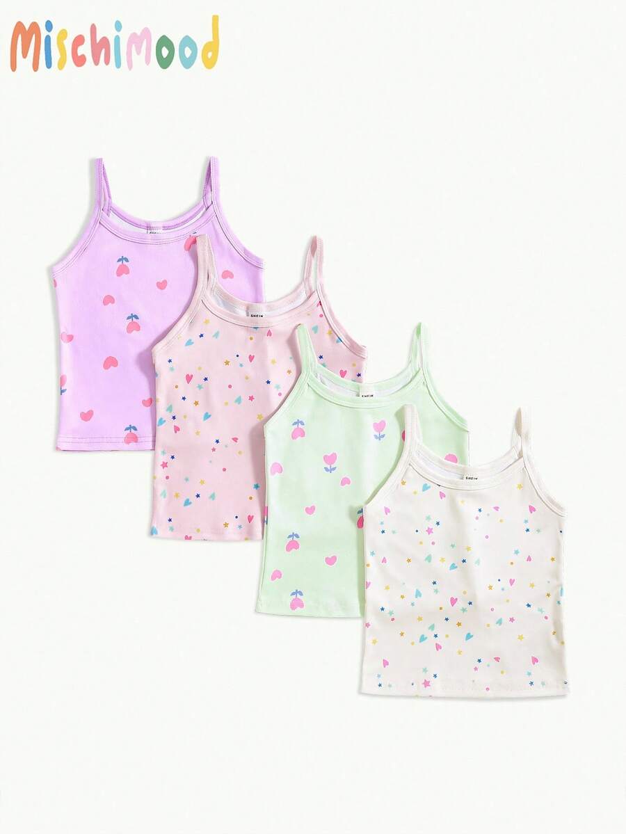 4件套女童可爱花卉、心形和星星印花吊带背心内衣套装