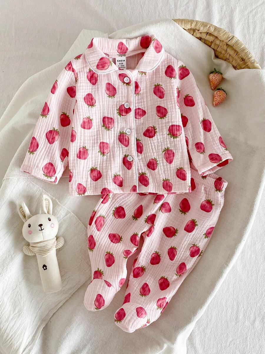 SHEIN 2pcs Newborn Baby Girls' Cute Strawberry Long Sleeve Top Pants Pajama Set Casual Kawaii Sleepwear Autumn Light Pink Clothes Lounge Night - Baby Pink - View 1