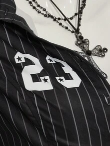 SHEIN ICON 女式黑白条纹长袖运动衫，数字印花短款衬衫，修身学院风夏季衬衫 - 黑色 - 查看 8