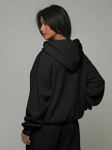 Musera Sport 拉链连帽抽绳宽松针织外套，适合板式网球、网球、匹克球、健身房日常休闲穿着 - 黑色 - 查看 3