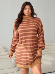 SHEIN EZwear 大码拼色条纹高领针织连衣裙，秋冬休闲装 - 彩色 - 查看 4