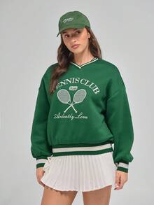 Fluxe Women's Embroidered Tennis Club Sweatshirt, Contrast Striped Ribbed Trim, Soft Feel, V-Neck, Relaxed Fit, Sporty Chic Design,Suitable For Autumn/Winter