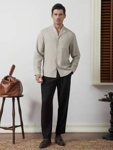 Core Aspect Men Solid Color Long Sleeve Single-Breasted Casual/Work Shirt With Pockets, Fall - Khaki - View 3