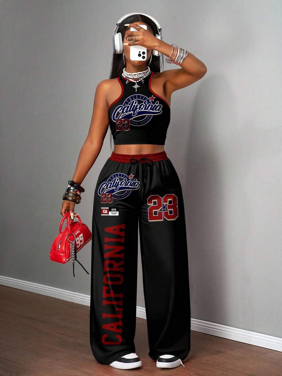 Slaydiva Bộ 2 món đồ thời trang đường phố đơn giản cho nữ, áo hai dây bó sát và quần ống rộng, thích hợp mặc dạo phố - màu đen - Xem 1