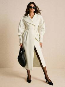 Poéselle Áo khoác dáng dài màu trắng mùa đông, áo khoác maxi tay phồng hai hàng cúc dành cho nữ, áo khoác trench màu trắng, áo khoác tay phồng, áo khoác, áo khoác dài mùa đông, áo khoác ngoài nổi bật, áo khoác thanh lịch, áo khoác mùa đông tối giản dành cho nữ, áo khoác dài tay dài cổ ve áo màu trơn hai hàng cúc thanh lịch, mùa thu đông - trắng - Xem 6