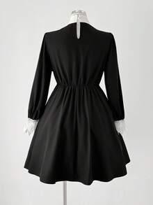 Sunspun Vestido de manga larga minimalista de dama con elegante ribete de encaje de color contrastante