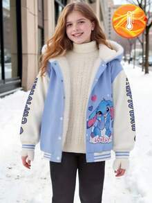 SHEIN Tween Girl Letter & Cartoon Print Zip-Up Thermal Lined Hoodie Jacket, Autumn/Winter Fall