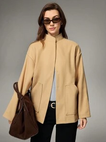 Hanevo Women's Casual Stand Collar Button Pocket Regular Overcoat, Winter - Apricot - View 1