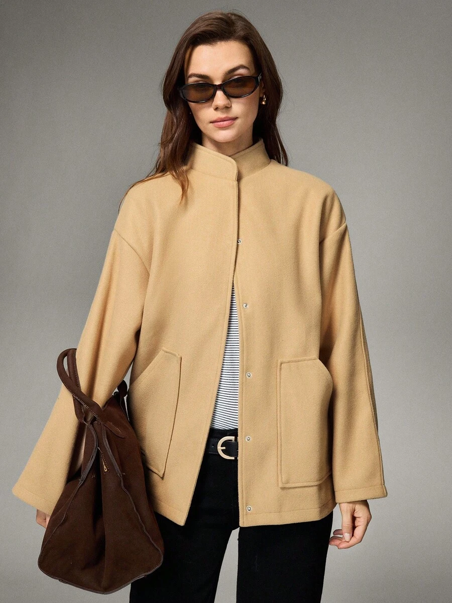 Hanevo Women's Casual Stand Collar Button Pocket Regular Overcoat, Winter - Apricot - View 1