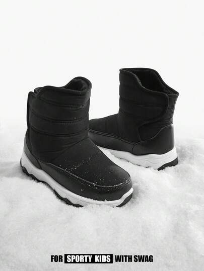 JNSQ 1 par de botas de nieve con forro térmico, cierre de gancho y bucle, de color negro sólido, de moda y sencillas, para niños/niños, cómodas botas de invierno casuales para uso diario y deportes
