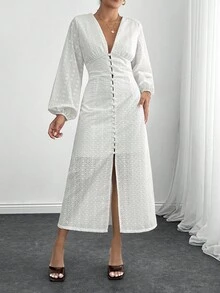 EURMUSE Women Solid Color Button And Embroidery Detailed Long Sleeve Dress - White - View 3