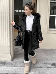 SHEIN Manteau long matelassé à capuche et fermeture éclair pour filles préadolescentes, avec poches, polyvalent pour les sorties, automne/hiver - Noir - Voir 9
