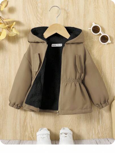 SHEIN 1 pieza Chaqueta con capucha de felpa de manga larga de hombro caído de unicolor para niña bebé, otoño/invierno