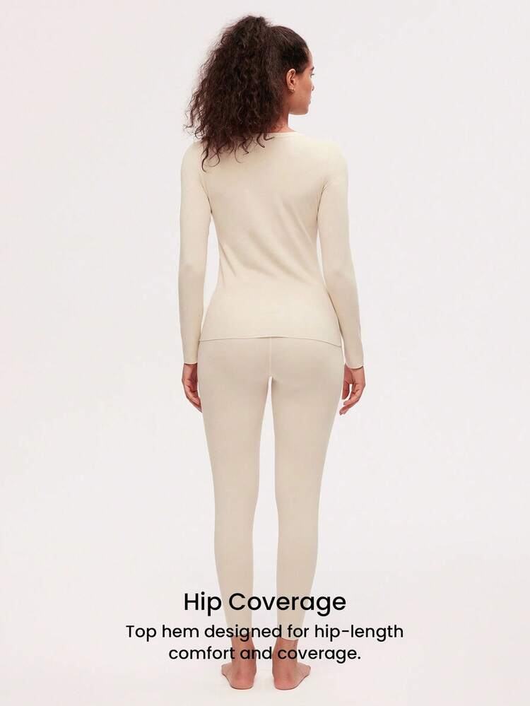 Ropa interior térmica para mujer Conjunto de capa base ultra suave para clima frío Pijama de invierno cálido Parte superior de cuello redondo y pantalones largos - Conjunto ligero y cálido en beige