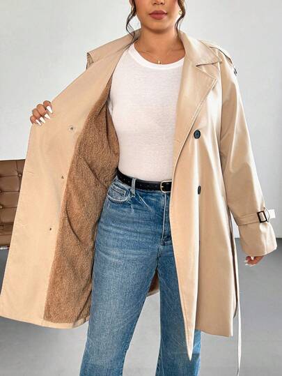 Firerie Abrigo de trinchera caqui elegante y casual para talla grande/Abrigo de trinchera forrado térmico para mujer de talla grande, chaqueta de manga larga para otoño/invierno