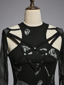 ROMWE Áo hở vai in họa tiết bộ xương động vật và con người theo phong cách Gothic dành cho nữ - màu đen - Xem 3