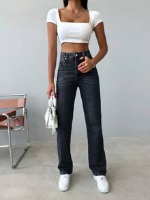 SHEIN Tall Tall High Waist Snow Wash Straight Jean - Dark Grey - View 4